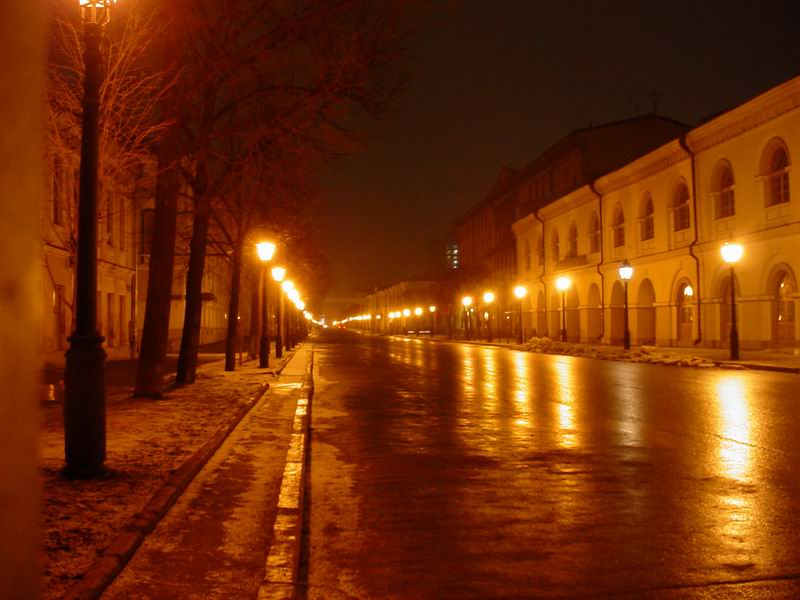 Уходящие вдаль фонари и их отражение от мокрого асфальта