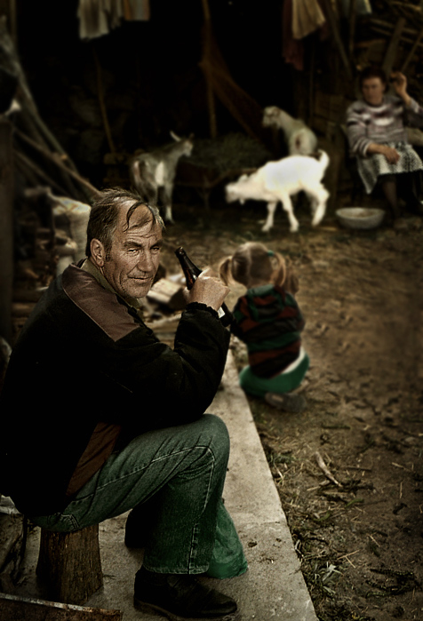 the butcher on a family meeting and a young goat