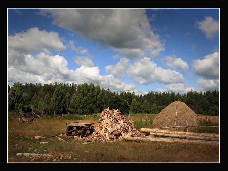 Пейзаж с телегой, дровами и стогом.