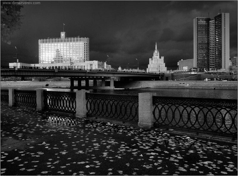 осенний чб пейзажик на закате у москвы-реки