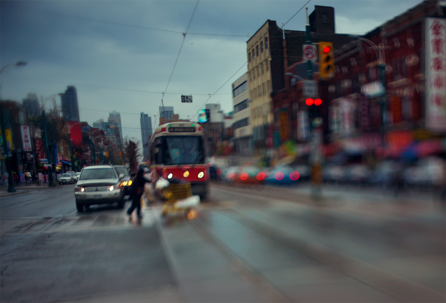 Rain, Yellow cart, Red tram