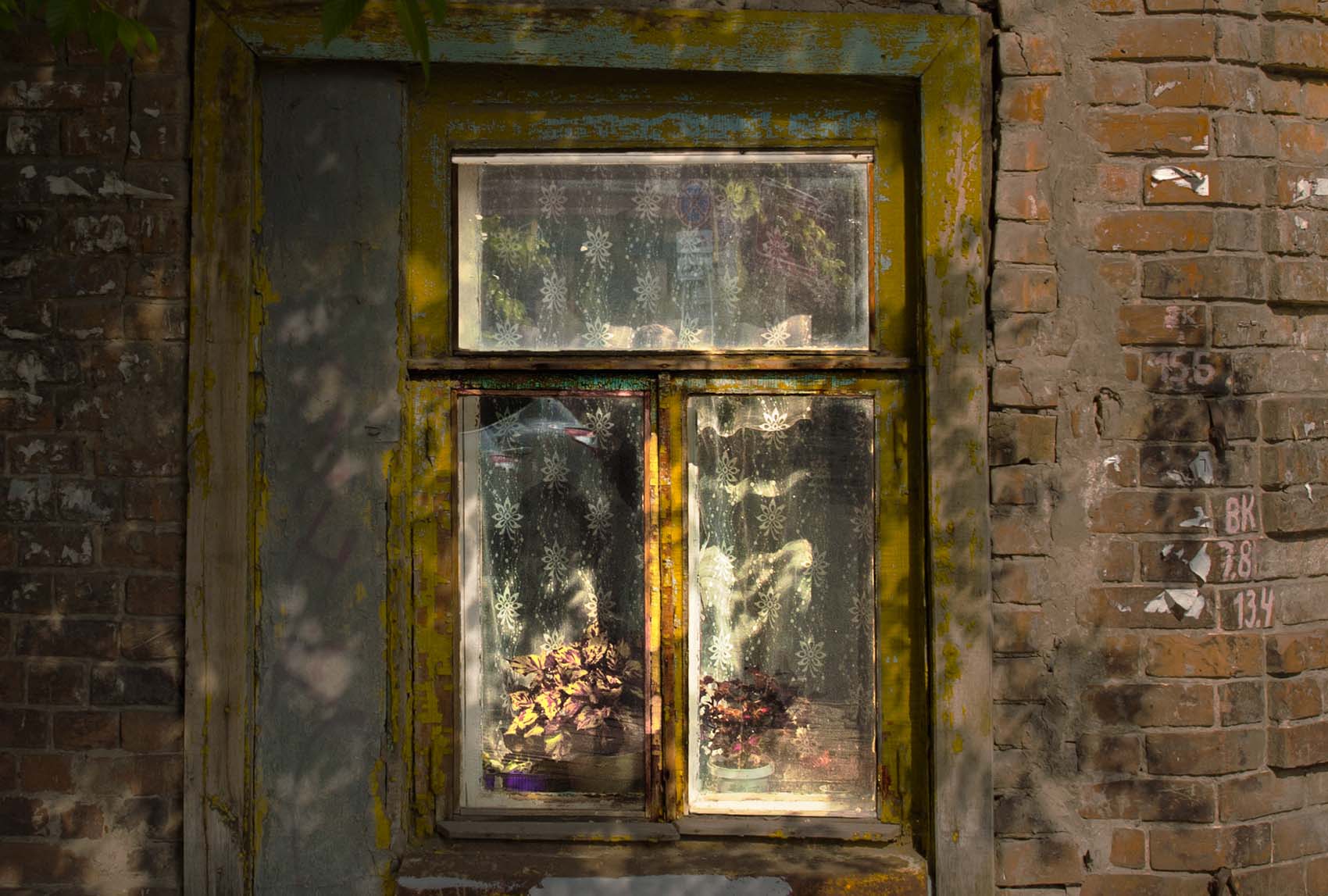 Окно с тюлем и цветами в старом доме...