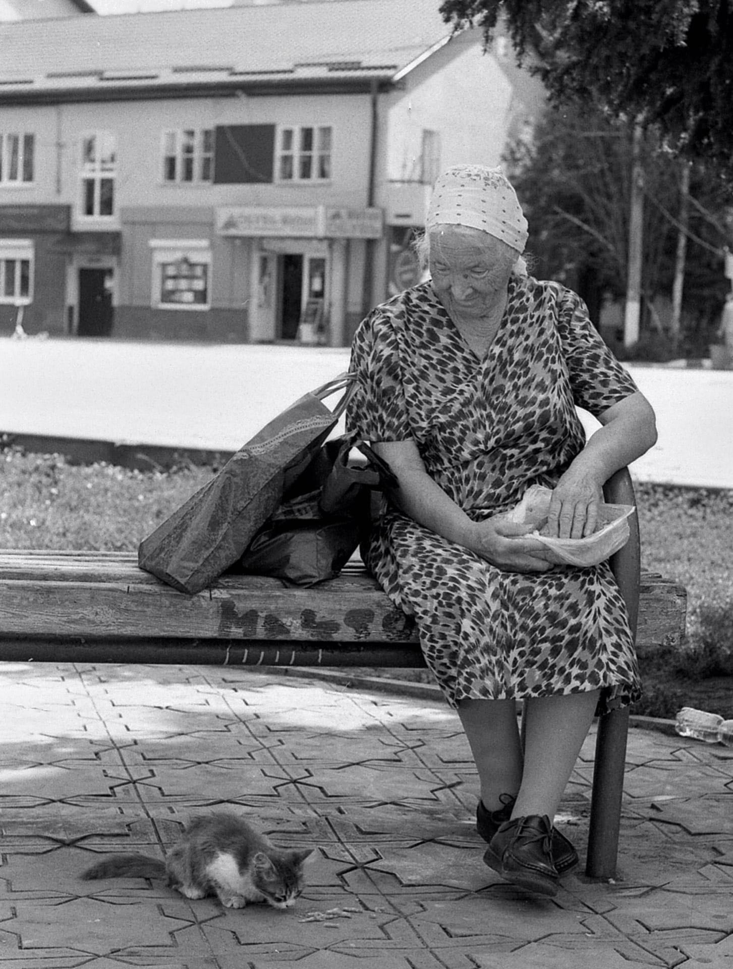 «Кормилица» раздел «Жанр». «-Бабушка здравствуйте! Можно я вас с котёнком сфотографирую?- Здравствуй внучек, конечно фотографируй, только это не моя кошечка - чужая… Я их каждый день здесь прикармливаю.Сама отворачивается, прикрывая лицо рукой.- Фотографируй кошечку.- Так вы откройте лицо, смотрите на котёнка, мне и кормилицу заснять надо))Типичная бабушка нашего провинциального городка. Кормит котёнка хорошим покупным мясным фаршем Nikon FE2 Tasma-42 Helios-81n»